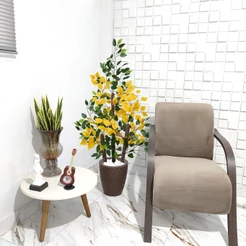Figueira Artificial Ficus Verde Amarelo Vaso Cone Mármore Pedra
