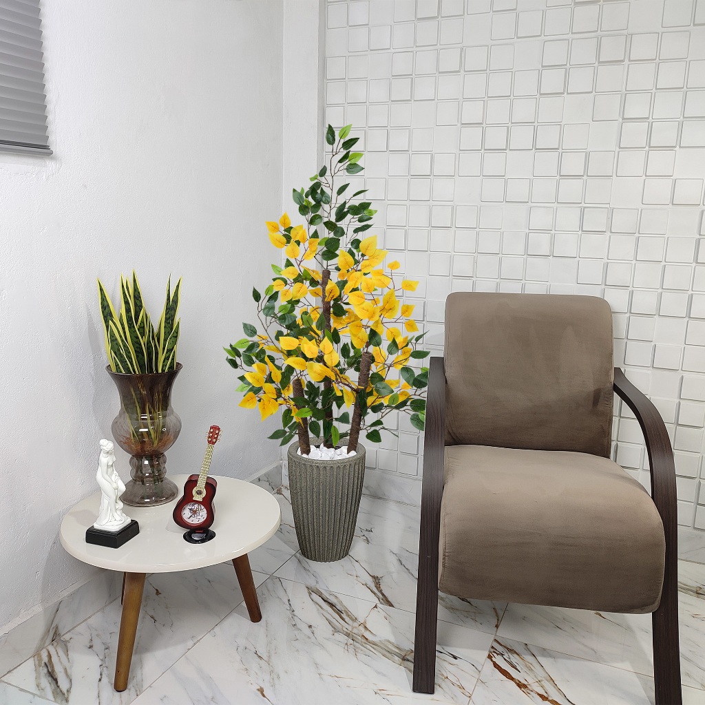 Figueira Artificial Ficus Verde Amarelo Vaso Cone Mármore Pedra — imagem 2 de 2