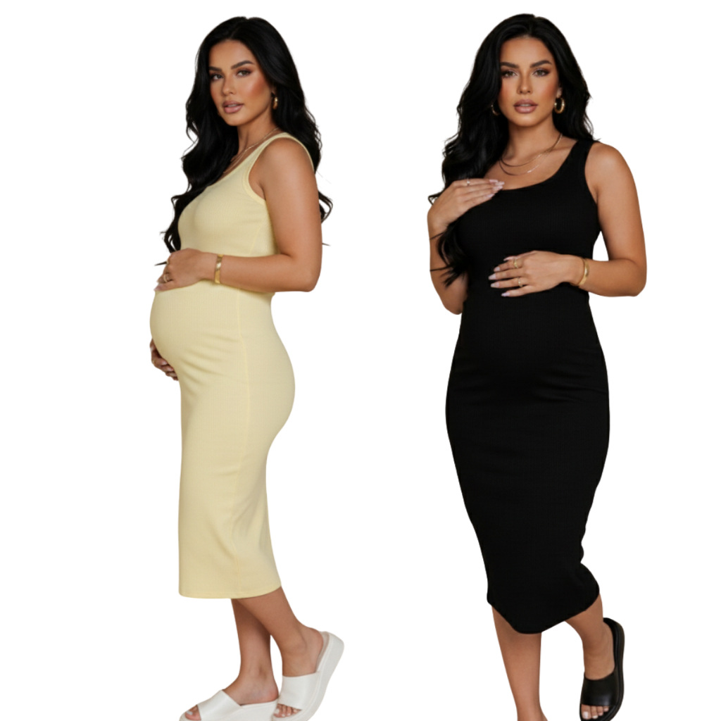 Kit 2 vestidos femininos em ribana de algodão gestante grávida para chá revelação midi em Oferta na Shopee