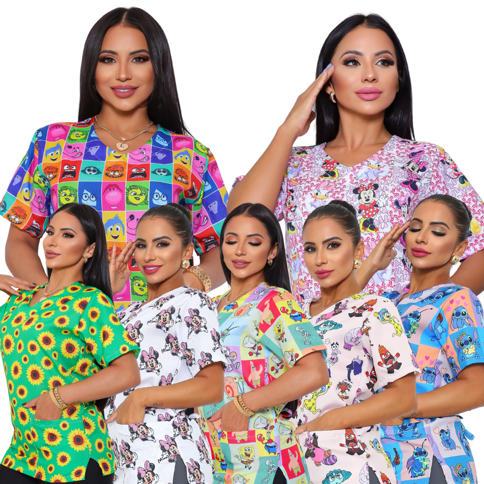 Blusa Bata Hospitalar Oxford Estampado e Liso Ajustável Toque Macio Não Amassa Uniforme de Clinica Hospital