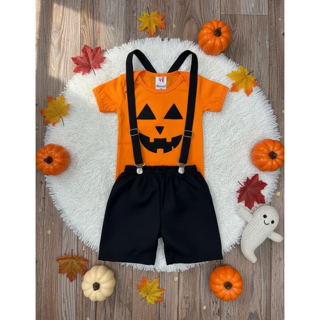 Fantasia Temático Conjunto Halloween Roupa Bebê Menino P/ Festa Infantil Abóbora 1- 3 anos Camiseta, Short e Suspensório
