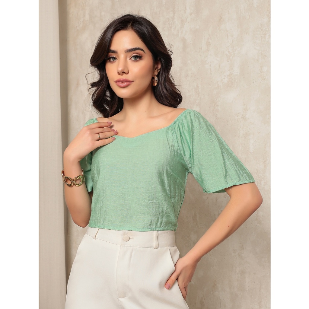 ONLYONE- Blusa Feminina Curta Cropped Elegante Verao Lastex Atrás - Blusas Femininas Carnaval