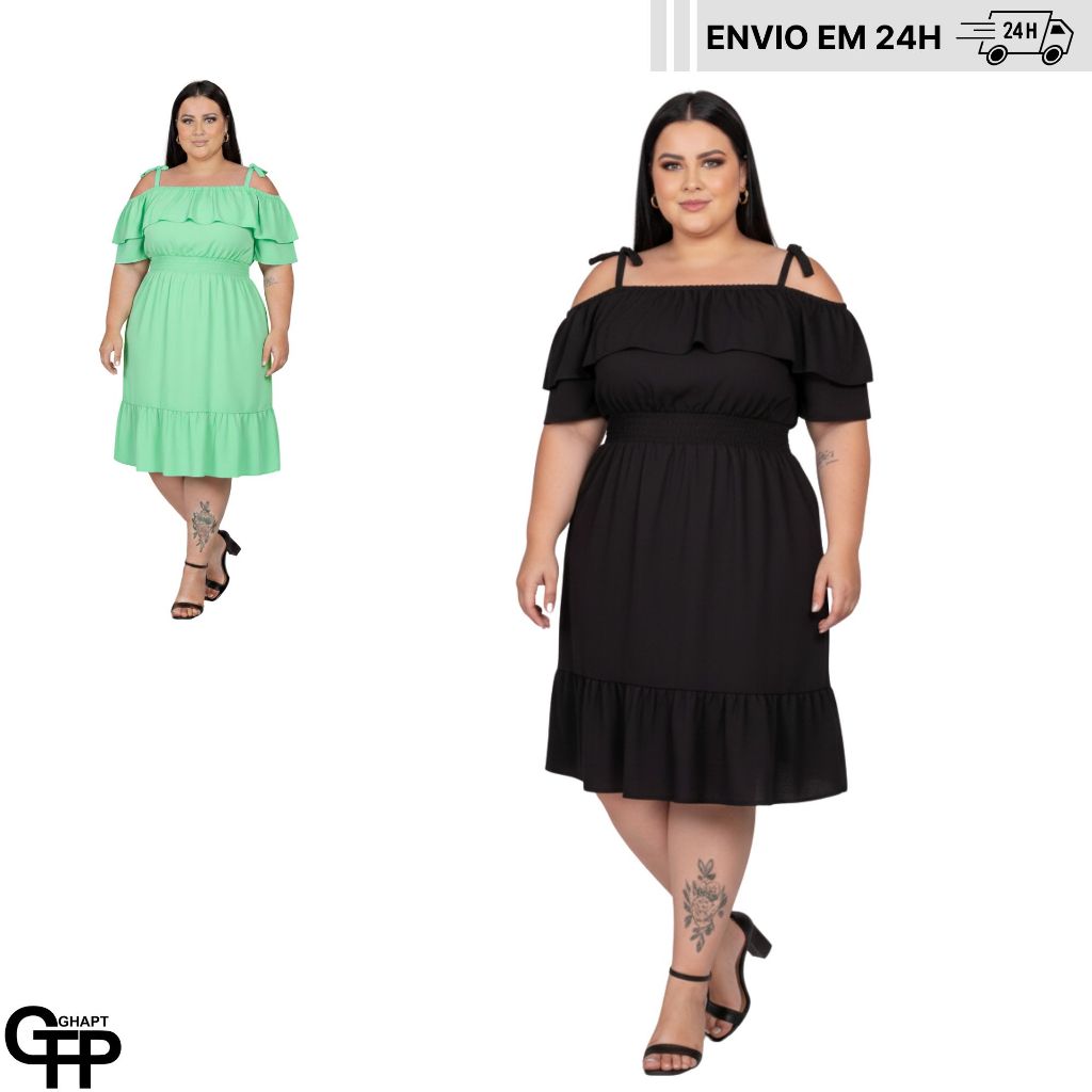 Vestido Feminino Plus Size com Babado Ciganinha Estilo Curve Manga Curta