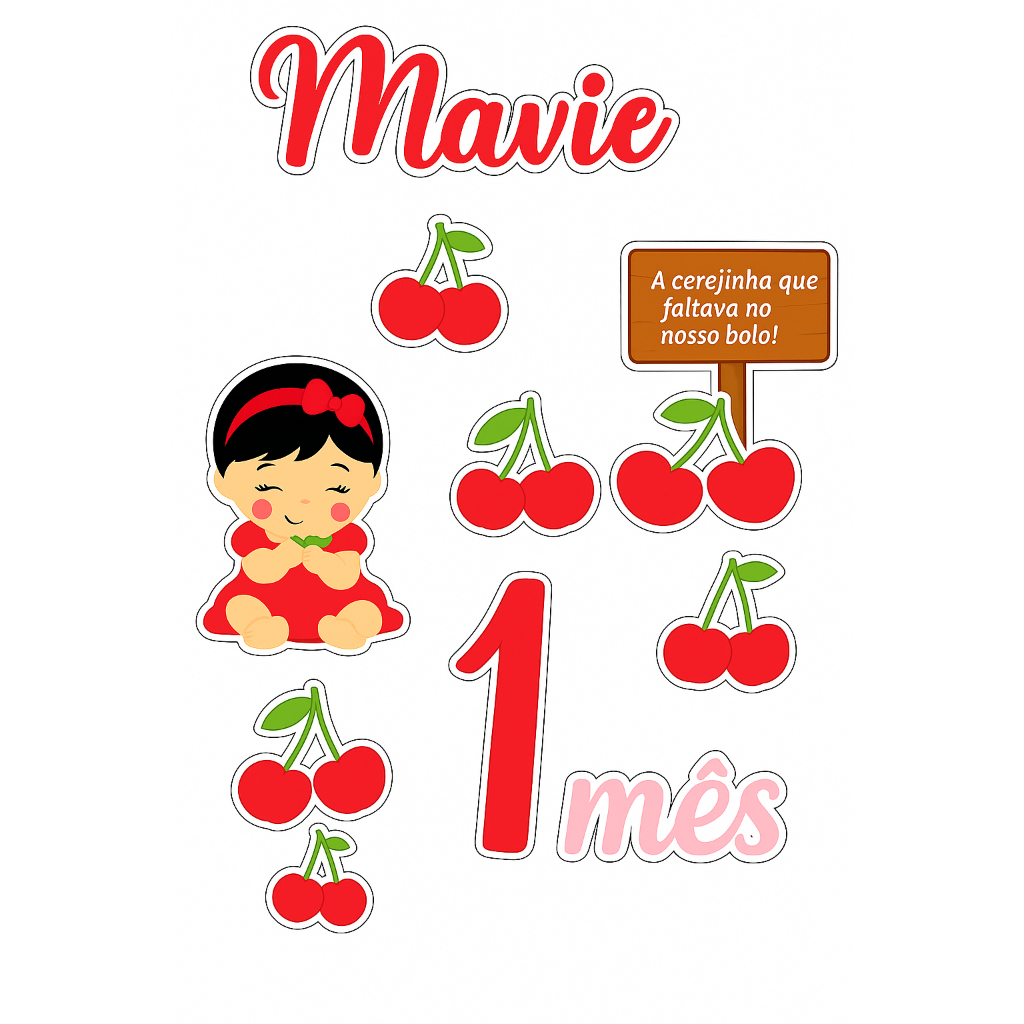 Topo de Bolo Personalizado Cerejinha – Nome e Idade | Mesversário, Aniversário Infantil