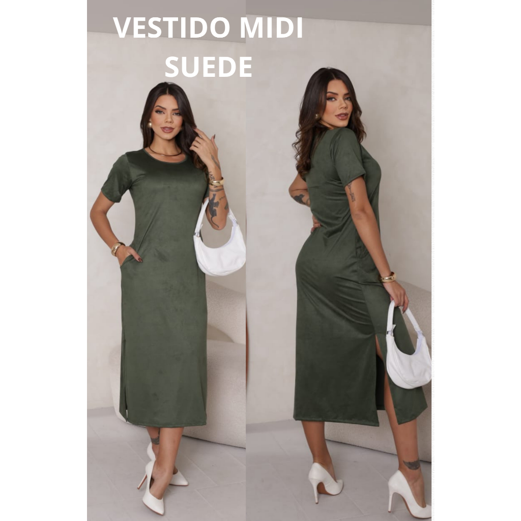 vestido midi femenino basico confortavel de suede em Oferta na Shopee