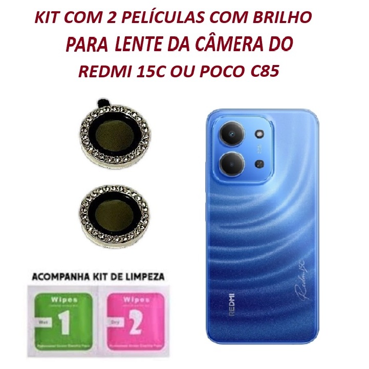 KIT 2 Peças Película da Câmera COM BRILHO para Redmi 15C ou Poco C85 Protetor Vidro Temperado Com Anel De Metal