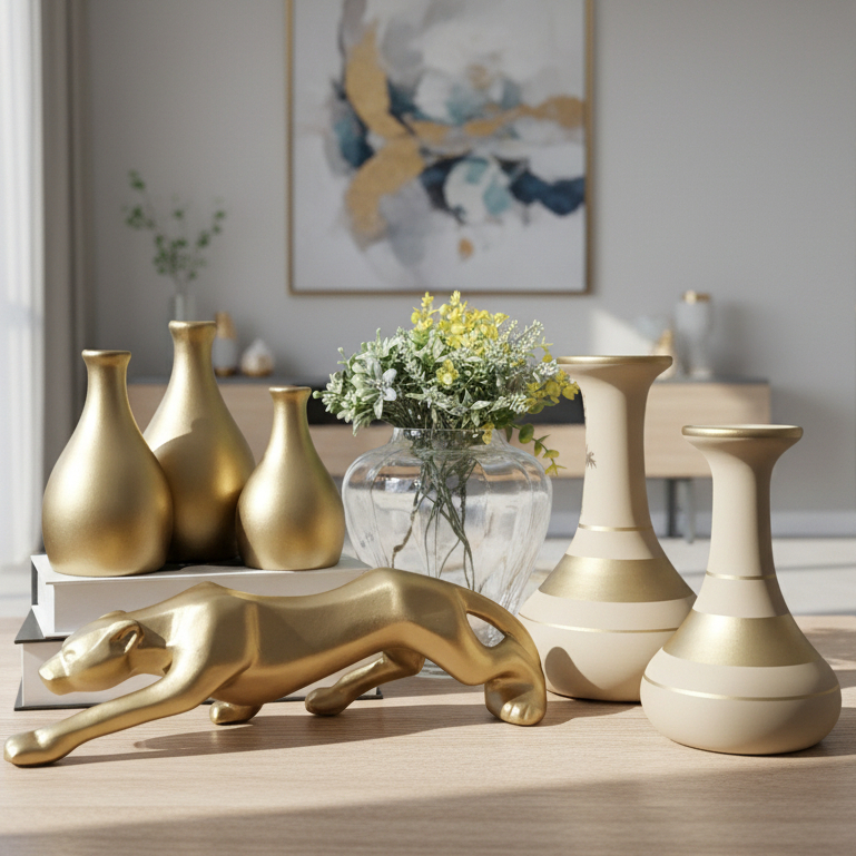 Conjuntos Decorativo Luxo 6 Peças Vasos Cerâmica e Enfeites para Rack e Centro de Mesa Decorar Casa