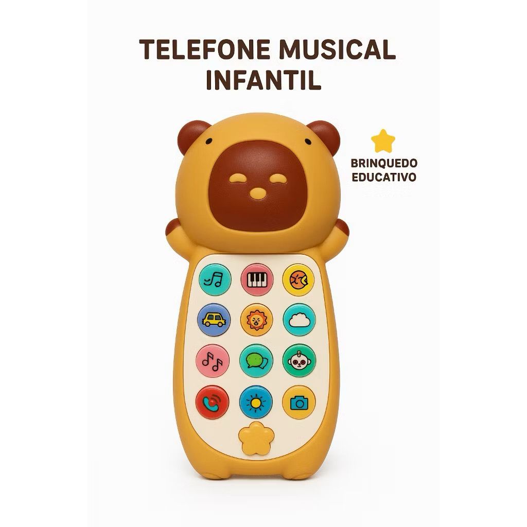 Telefone Infantil Musical Brinquedo Celular Mordedor Educativo Com Luz e Som Capivara Cenoura Dinossauro Unicórnio Urso