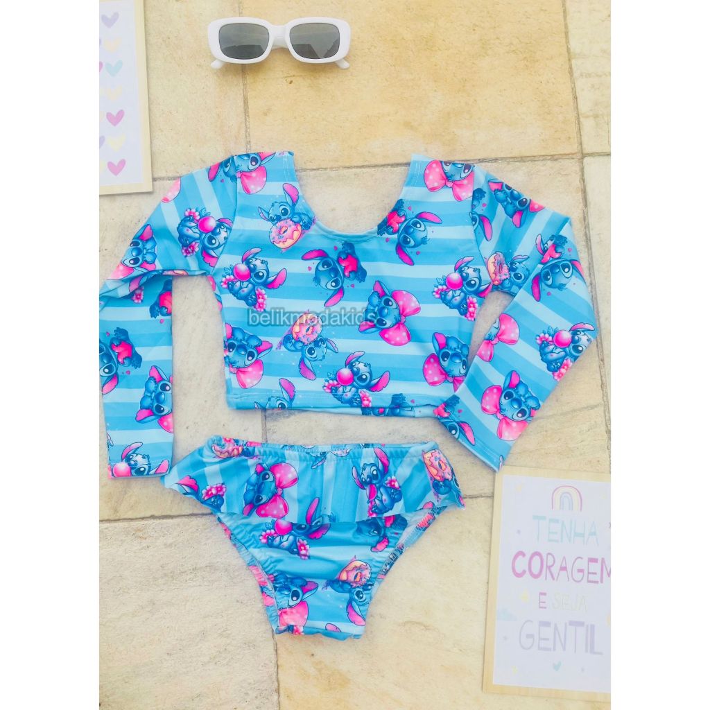 Biquini Cropped Stitch Blusa Longa + Calcinha Proteção Conjunto 2 A 10 Anos Praia Menina Personagem Blogueirinha Verão