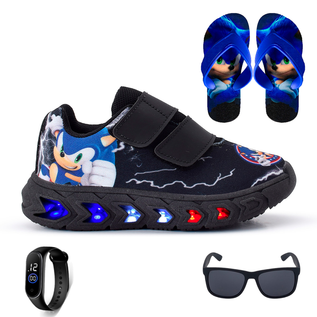 Kit Tenis Masculino Infantil De Led Meninos Sonic Preto Velcro + Chinelo Slide + Óculos + Relógio GeG Magazine em Oferta na Shopee