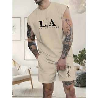 Conjunto Regata Machão L A Los Angeles Camiseta Camisa Masculina Bermuda Moletom com Bolso Algodão Esporte Casual