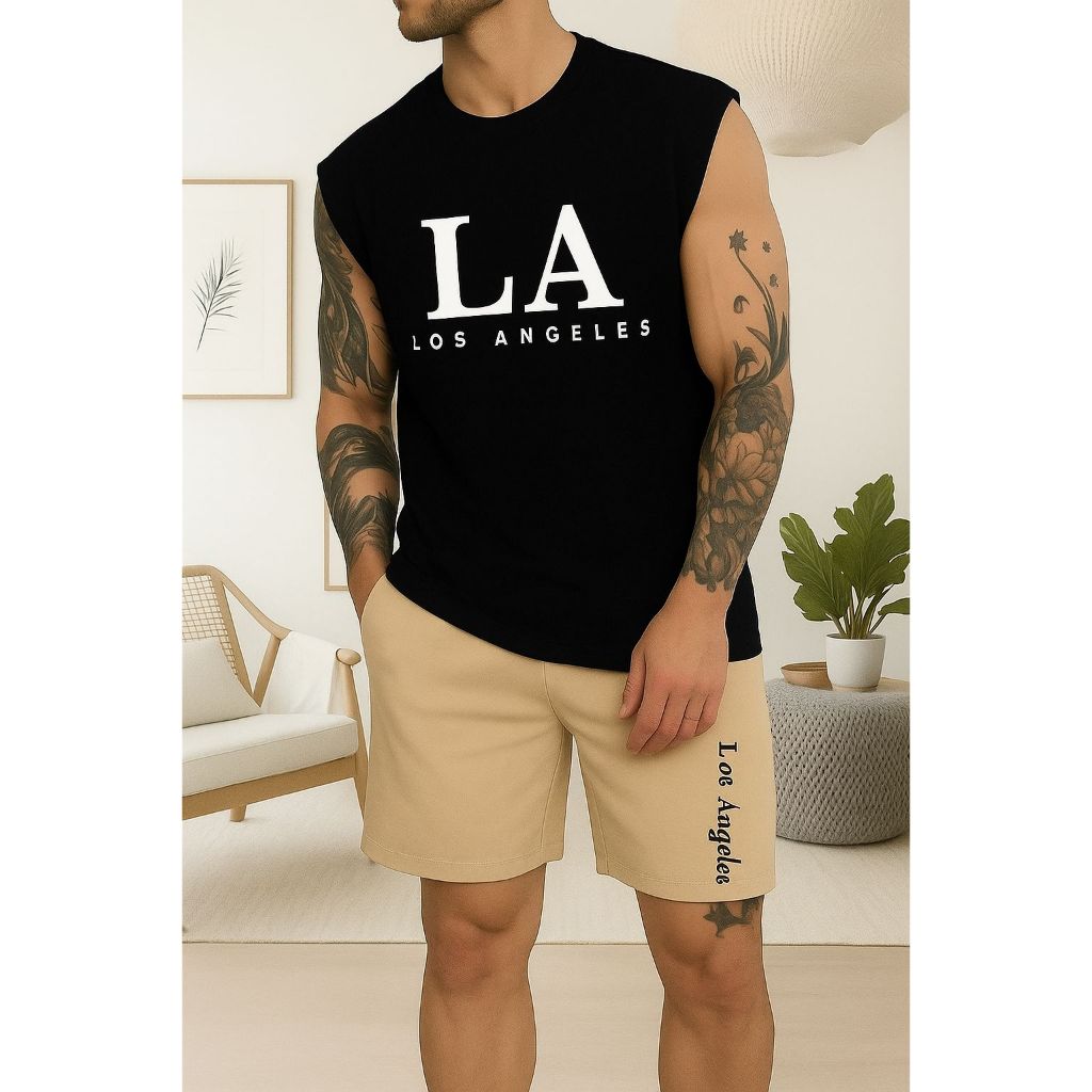 Conjunto Regata Machão L A Los Angeles Camiseta Camisa Masculina Bermuda Moletom com Bolso Algodão Esporte Casual