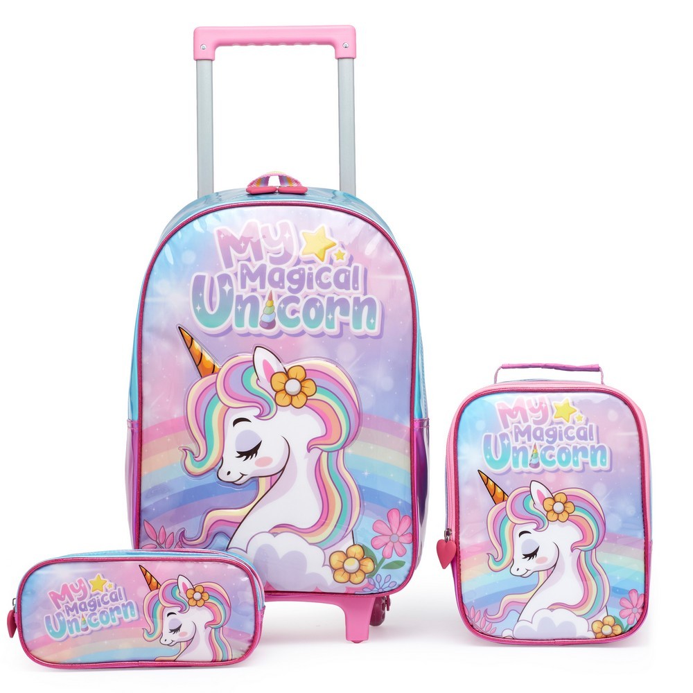 Kit Infantil Unicornio Menina Mochila + Estojo + Lancheira Escolar Rosa Coban