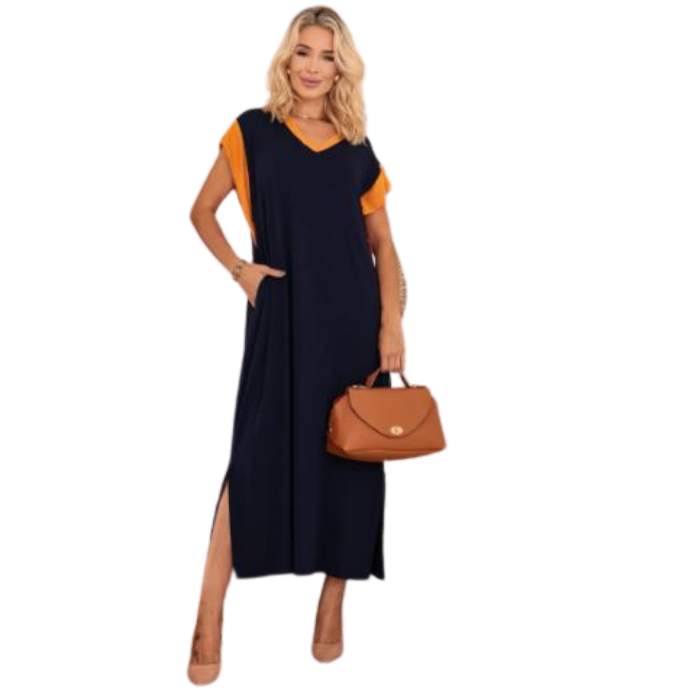 Vestido Midi Feminino Decote V Manga Curta com Detalhe Soltinho