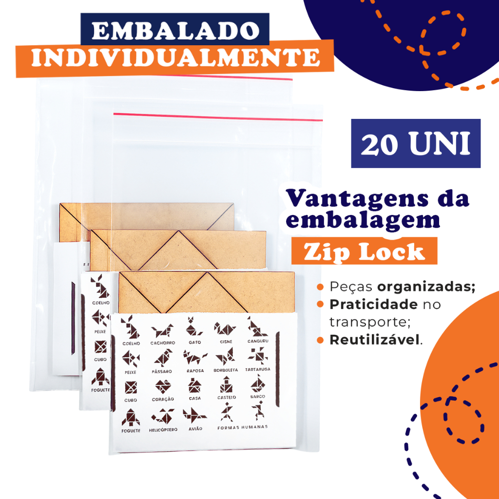 Kit 20 Tangram Lembrancinha Montessori em MDF Brinquedo Educativo Pedagógico