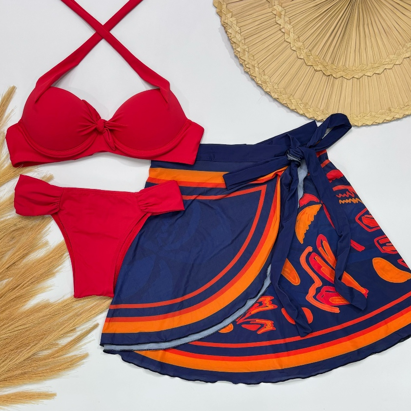 kit trikini top bojo, calcinha bombom borboleta, saia envelope pareo curta,natação,saida d...