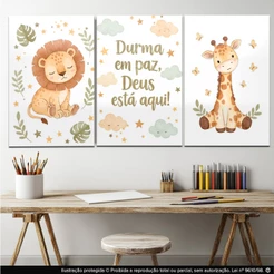 quadros infantil sala quarto animais leão girafa frases durma em paz deus está aqui
