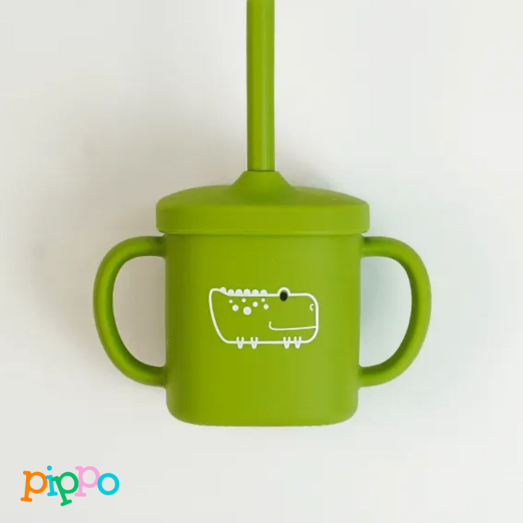 Copo Silicone com Canudo Macio para Bebe 2 em 1 Com alças Não Quebra Jacaré | Pippo