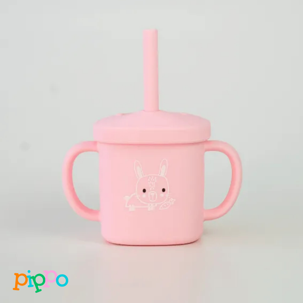 Copo Silicone Inquebrável com Canudo Macio para Bebe 2 em 1 Com alças Coelho| Pippo