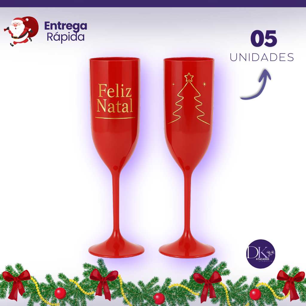 Kit 05 Taça Champanhe Feliz Natal Acrílica Vermelha
