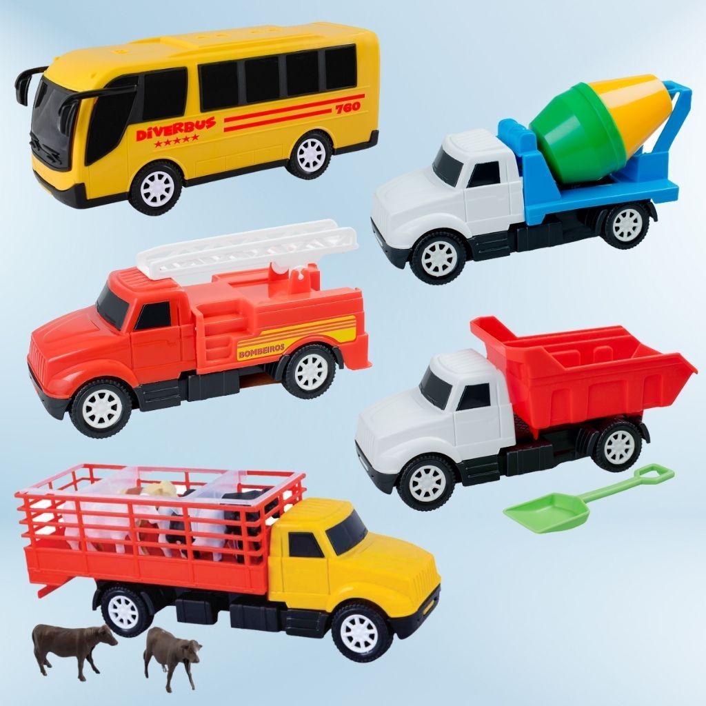 Kit Carrinho Brinquedo Caminhão 10Pçs bombeiro caçamba betoneira boiadeiro onibus Miniatura Menino