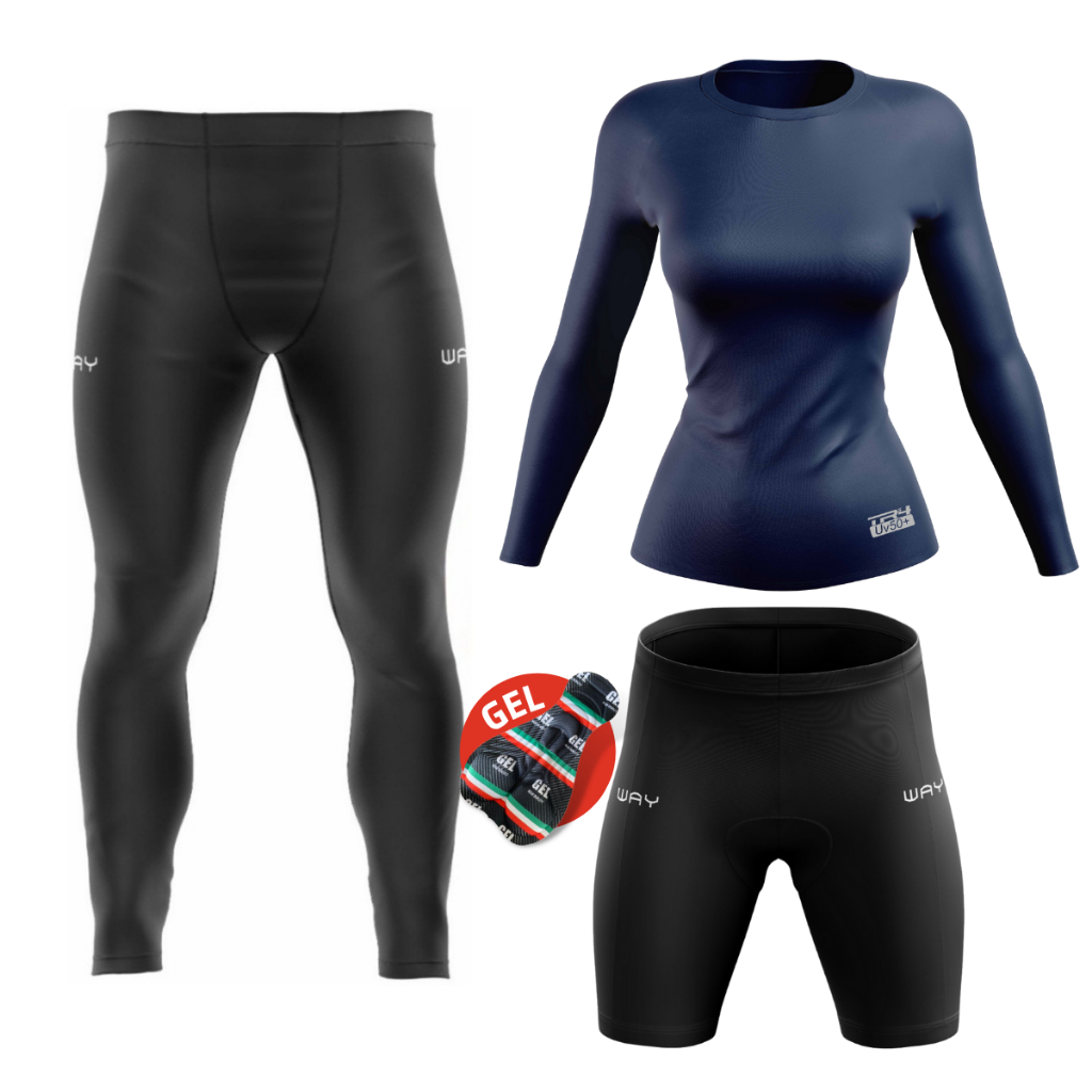 Conjunto Kit Camisa Uv Manga Longa Leve Feminina Calça Bermuda Forro Gel Acolchoado Ciclismo Esporte
