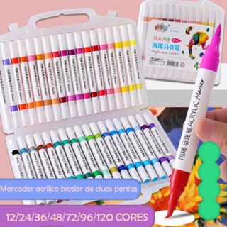 Caneta marcadora acrílica Tinta ponta dupla kit 24/36/48/72 cores sortidas , caixa de secagem em Oferta na Shopee