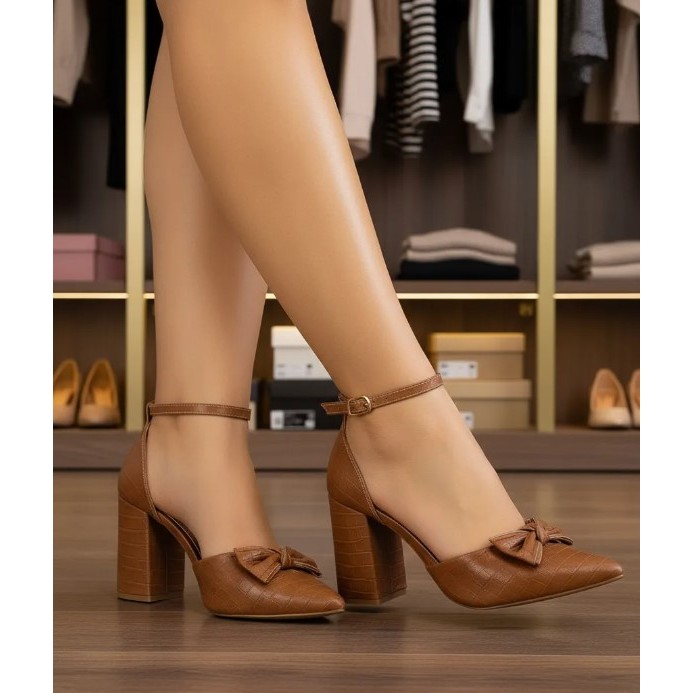 Scarpin Salto Grosso Palmilha Confort Croco Nude