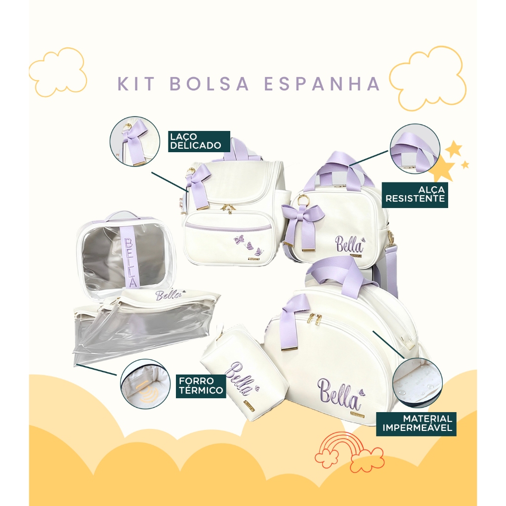 Kit Maternidade 8 Peças Três Bolsas, Mochila, Estojo e Três Sacos Personalizado, Coleção Nevada