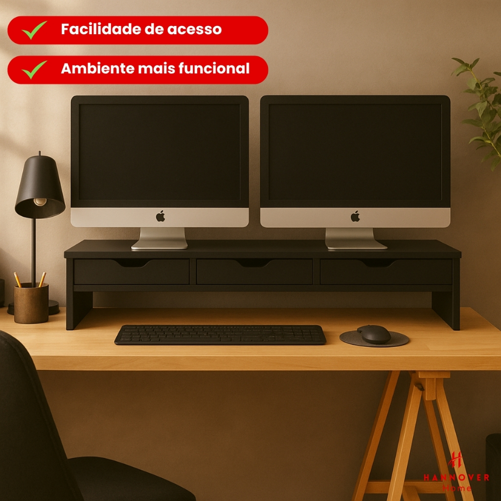 Suporte Para Dois Monitores Base Para Computador Com 3 Gavetas Preto em Mdf