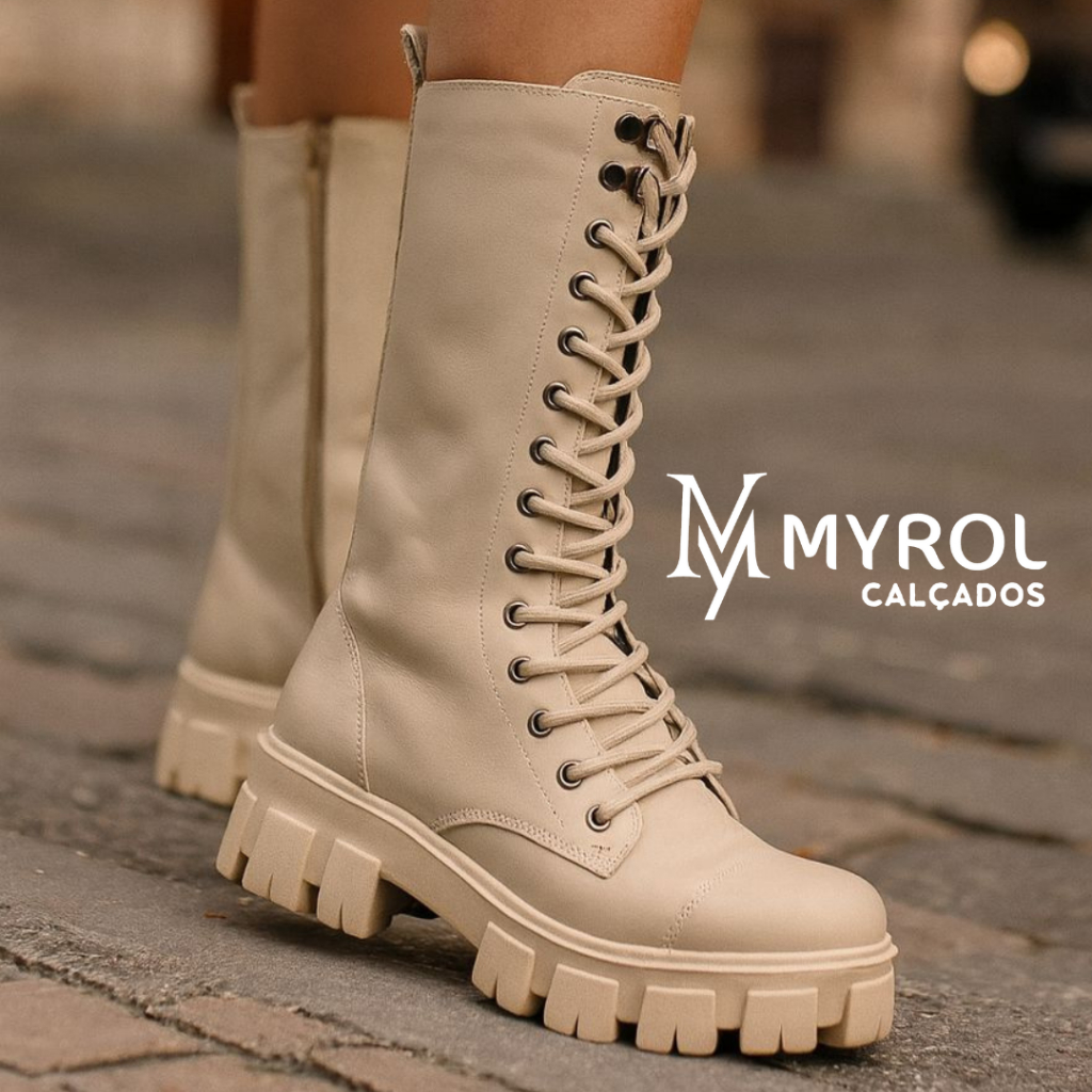 Bota Coturno Tratorado Cano Alto/Longo Moderna Zíper Lateral Off White