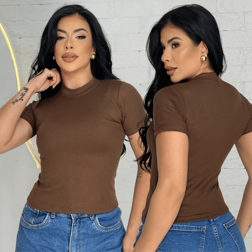Blusa Feminina Estilosa Canelada Manga Curta Gola Redonda Linha Luxo Casual Confortável