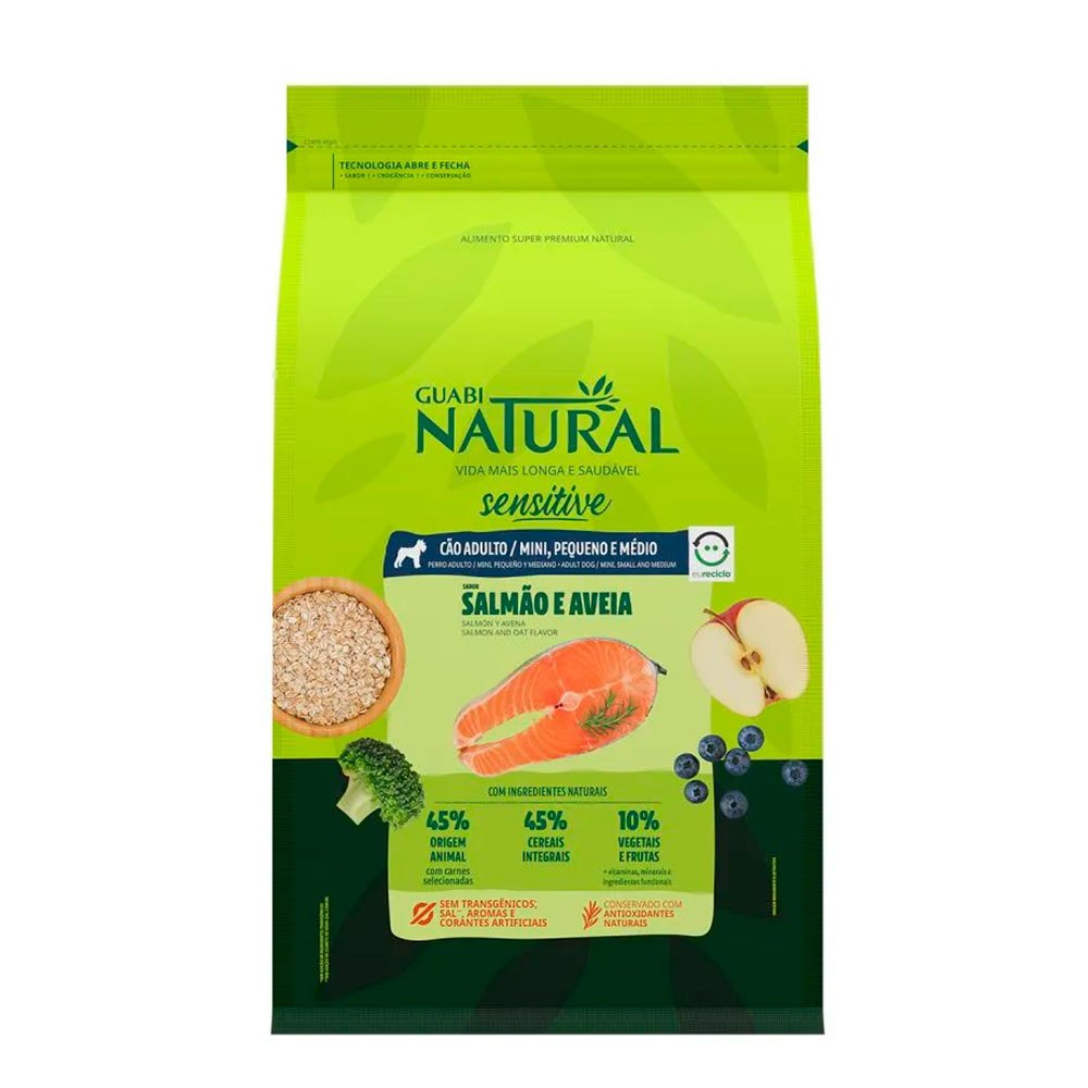 Ração Guabi Natural Sensitive Cães Adultos Porte Mini, Pequeno e Médio Sabor Salmão e Aveia 2,5kg em Oferta na Shopee