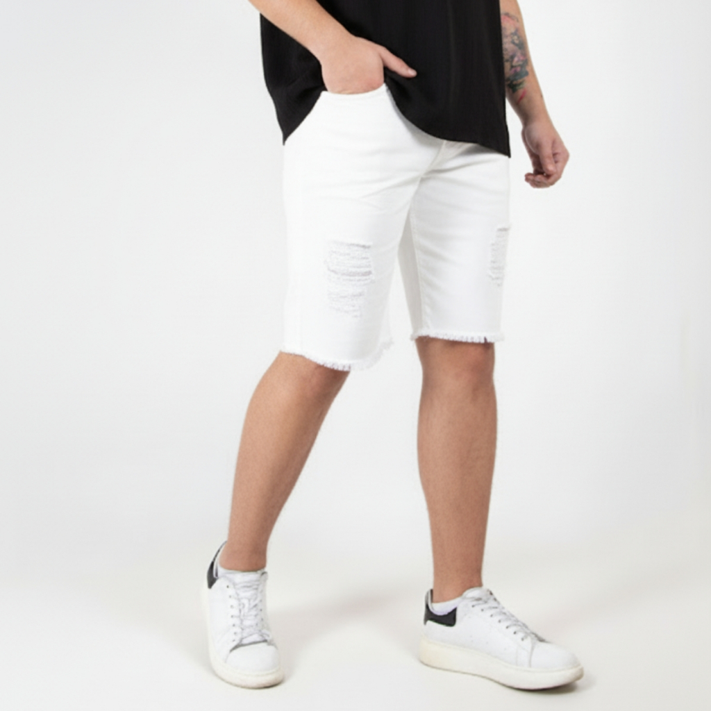 Shorts Masculino Rasgada Jeans Bermuda Destroyed Estilo Fashion Novidade Tendencia Calor Preta Branca Jeans