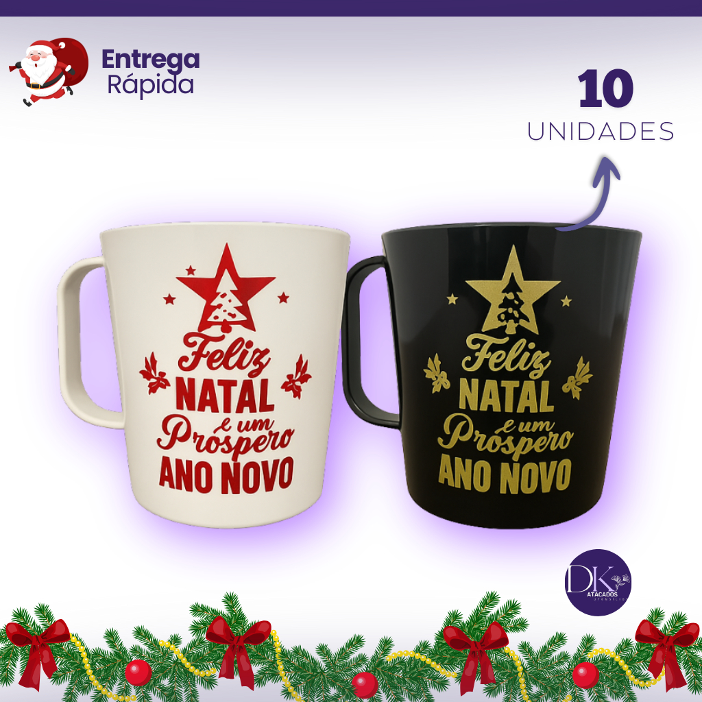 Kit 10 Canecas Feliz Natal Próspero Ano Novo 450ml Plástico Preta e Branca
