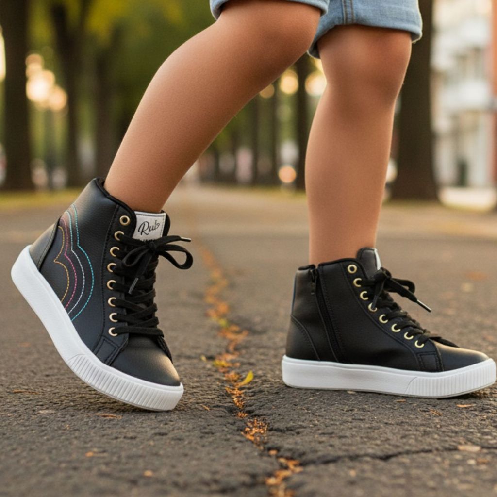 Tênis Feminino Infantil Cano Alto Casual Escolar Menina Rubi Zíper Confortável Preto e Branco em Oferta na Shopee