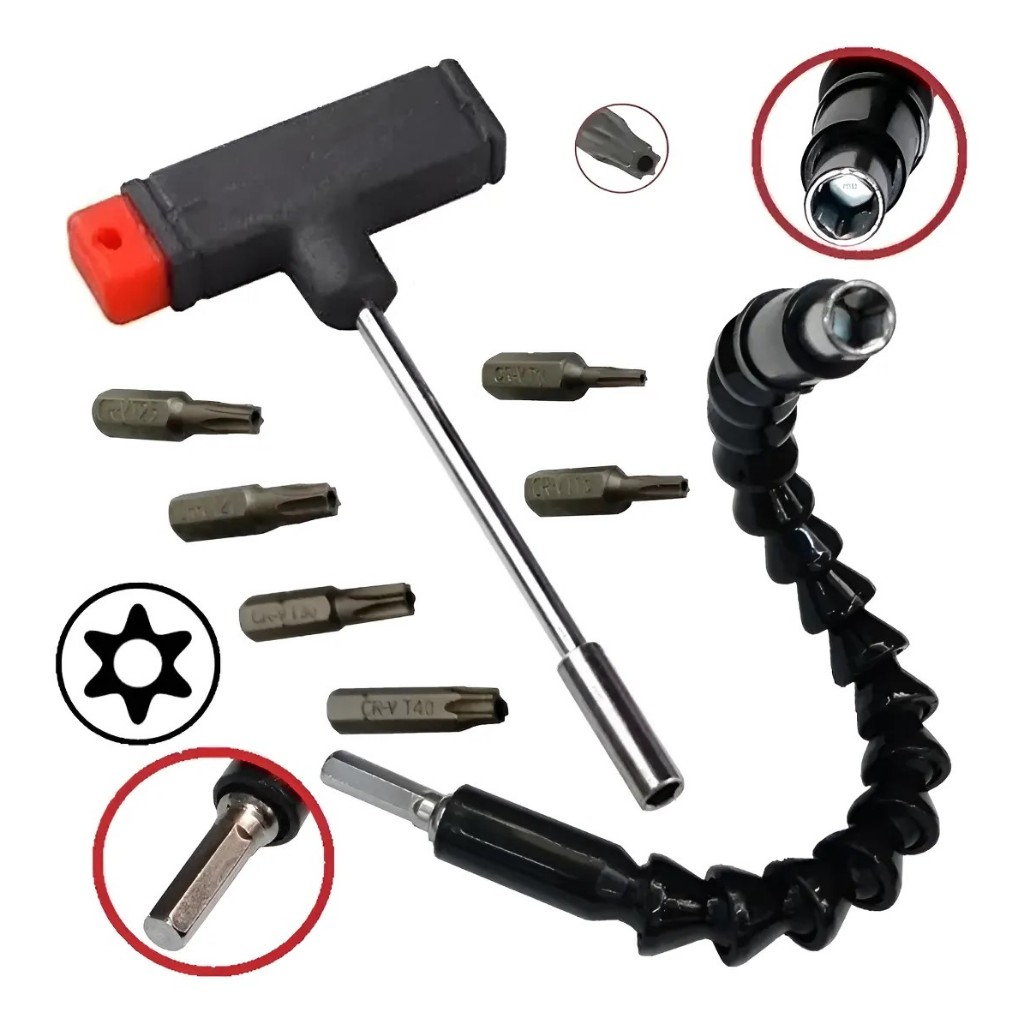 Acessorios Para  Parafusadeira Com Eixo Extensor  Chave Tipo T e  Bits Torx Furo Guia T10