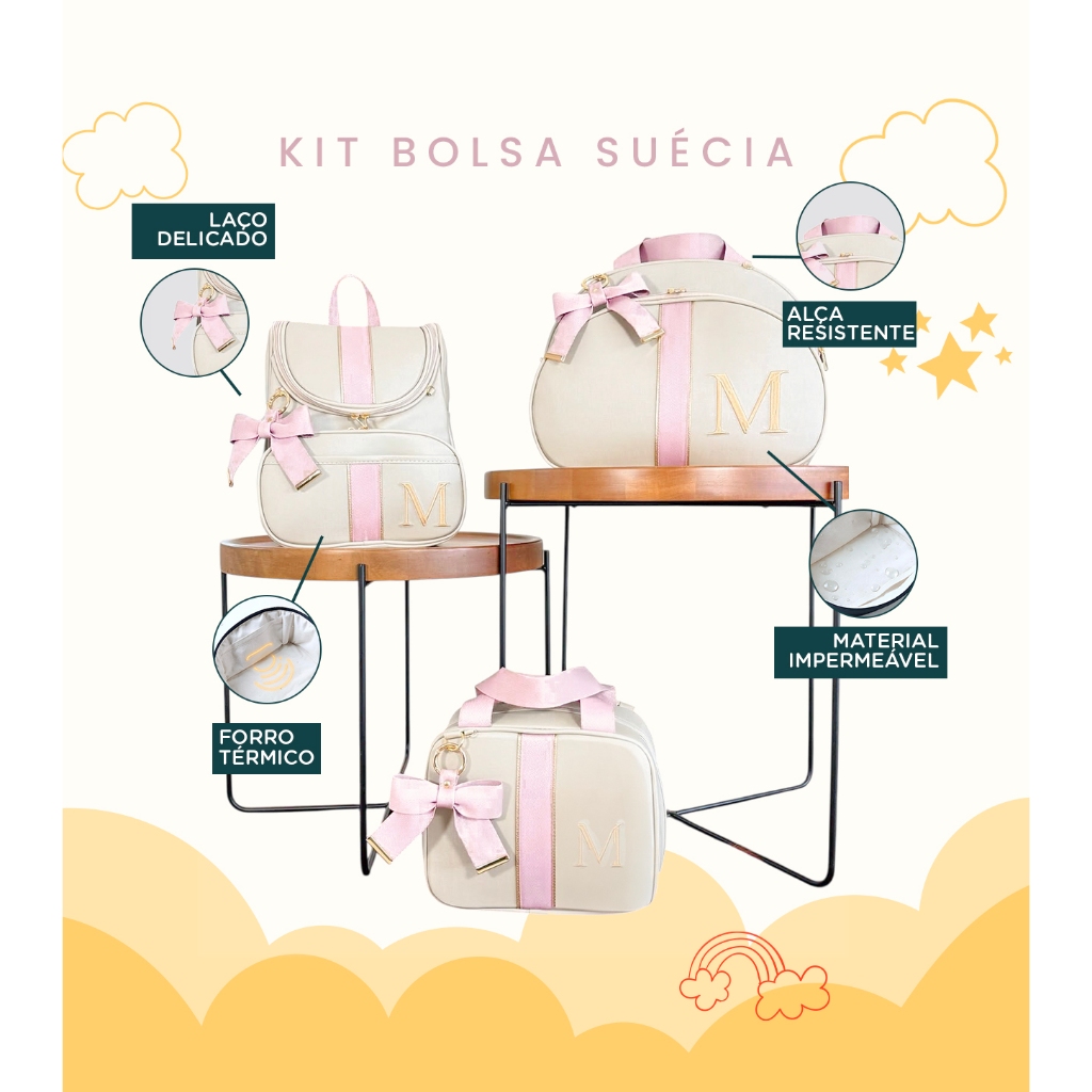 Kit Maternidade 3 Peças Bolsa, Mochila e Bolsa Média Personalizado Térmica, Coleção Suécia