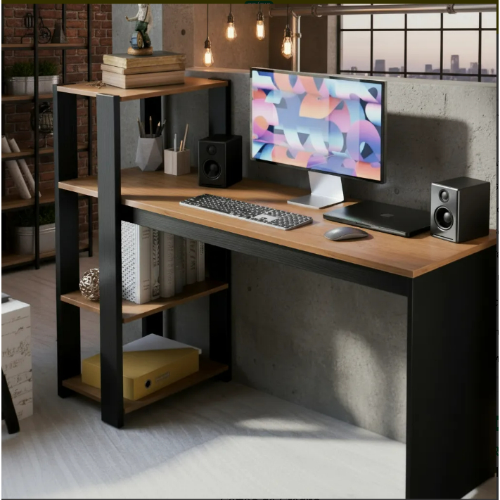 Escrivaninha Industrial Nature com Estrutura Preta – Mesa Home Office Moderna com Prateleiras Pequim em Oferta na Shopee