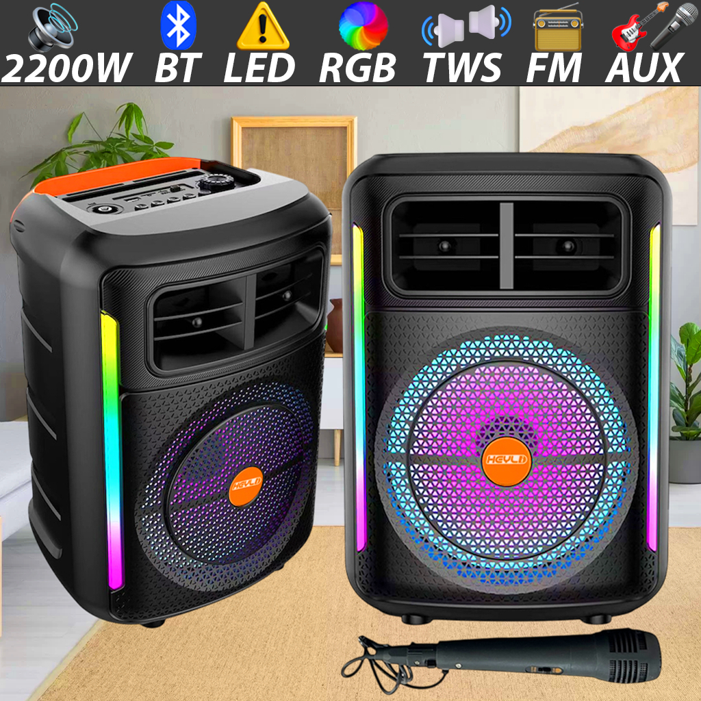 Caixa de Som Bluetooth Portátil c/Microfone Potente 2200w LED RGB IPX6 USB TWS FM para Festa