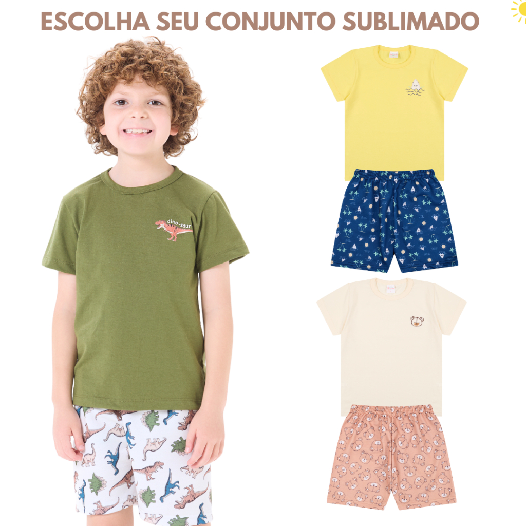 Kit 2 Conjuntos Infantil Menino Verão Camiseta + Bermuda Estampadas 2 ao 8 anos em Oferta na Shopee