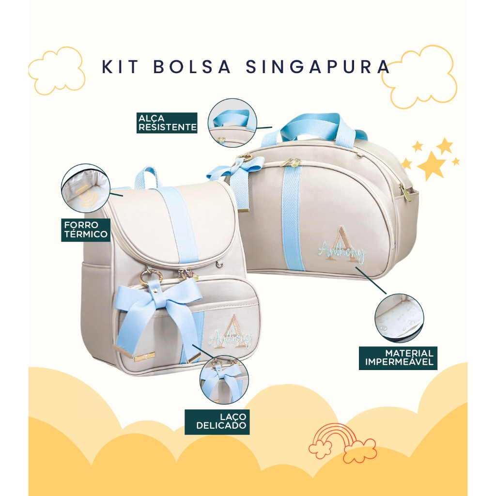 Kit Maternidade 2 Peças Bolsa e Mochila Personalizado Térmica Impermeável, Coleção Singapura