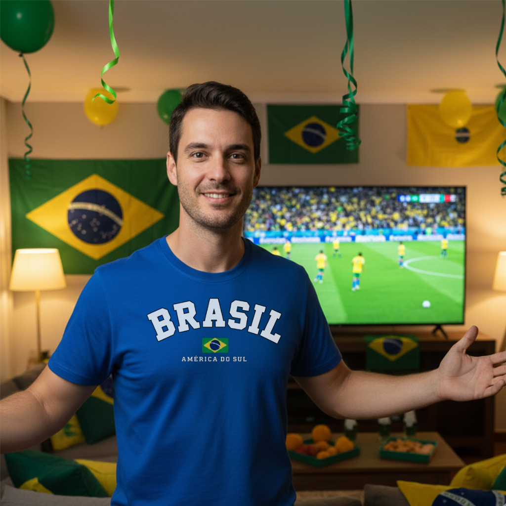 Camiseta Brasil Masculina Copa do Mundo Seleção Brasileira Torcida Camisa Casual Azul Amarela Branca