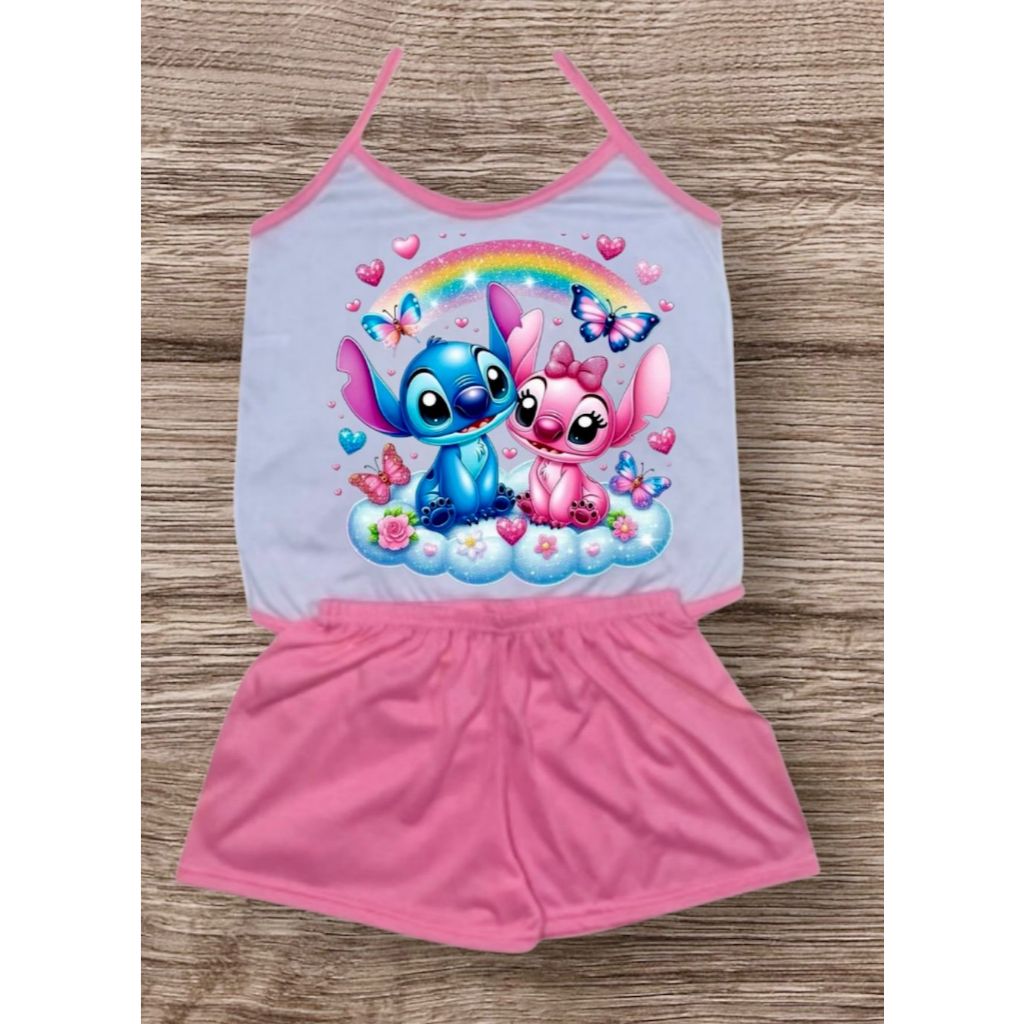 Pijama short doll infantil feminino de alça stitch baby doll personagens alcinha criança verão