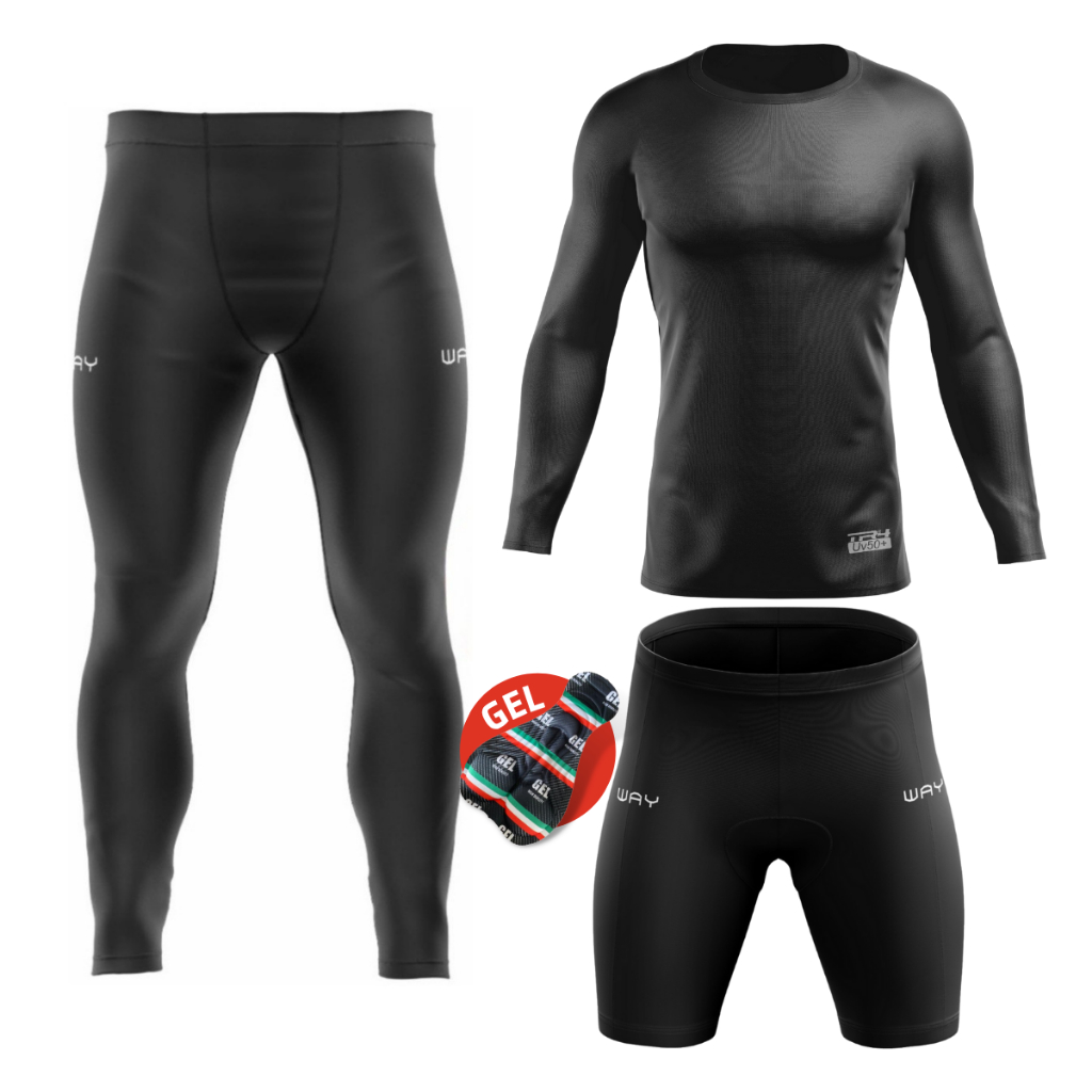 Conjunto Kit Camisa Uv Manga Longa Leve Masculino Calça Bermuda Forro Gel Acolchoado Ciclismo Esporte