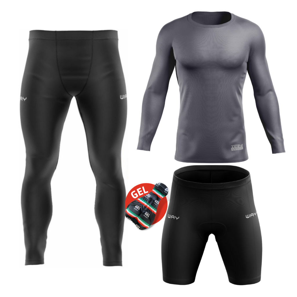 Conjunto Kit Camisa Uv Manga Longa Leve Masculino Calça Bermuda Forro Gel Ciclismo Esporte