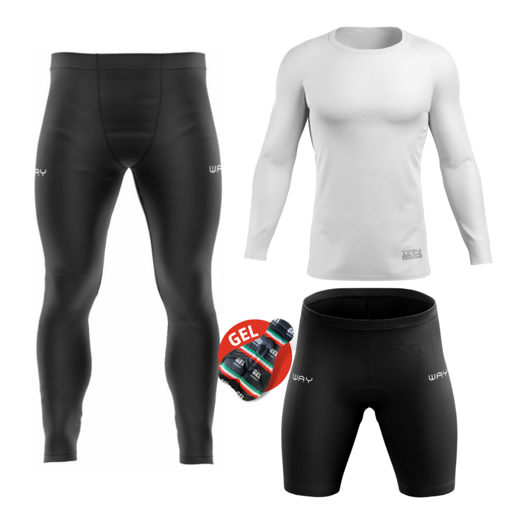 Conjunto Kit Camisa Uv Manga Longa Masculino Calça Bermuda Forro Gel Acolchoado Ciclismo Esporte