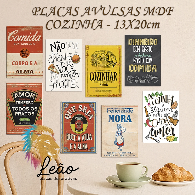 Placas Decorativas quadros - Frases cozinha temperada amor - Cantinho do Café - imagens retrô vintage - MDF 13x20cm