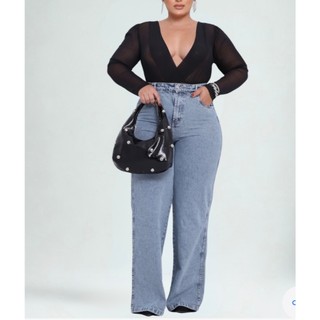 Calça Wide Leg Plus size Pantalona jeans Feminina Jeans Marmorizada lisa