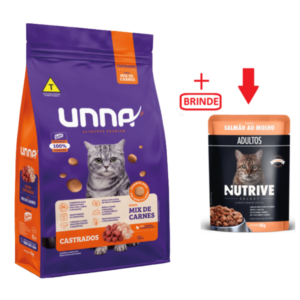 RAÇÃO UNNA PREMIUM GATOS CASTRADOS SABOR MIX DE CARNE 10,1 KG